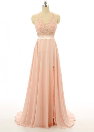 Peach Lace Chiffon Halter Neckline Keyhole Back Long Prom Dress
